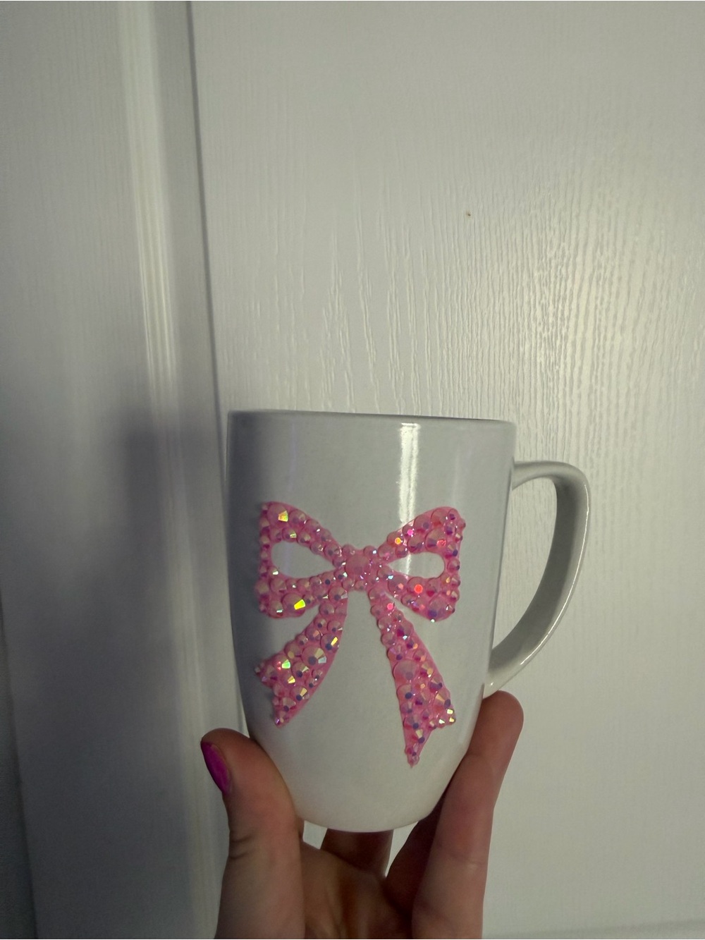 White Ceramic Mug with Pink Sequin Bow Accent